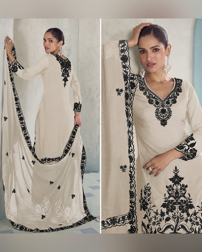 Cream Chinon Silk Plazo Suit With Kameez & Dupatta For Indian & Pakistani Wedding Festival - Thread & Sequence Embroidery Work