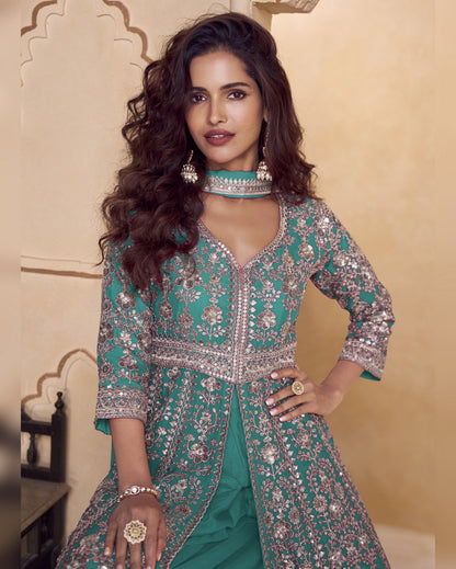 Woman in a teal and silver embroidered traditional outfit with jewelry.