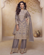 Taupe Gray Chinon Silk Salwar Suit With Kameez & Dupatta For Indian & Pakistani Wedding Festival - Mirror & Dori With Thread & Sequence Work