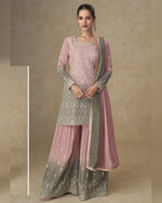 Soft Pink Georgette Plazo Suit With Kameez & Dupatta For Indian & Pakistani Wedding Festival - Mirror & Dori With Thread & Sequence Work