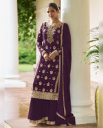 Rich Purple Chinon Silk Plazo Suit With Kameez & Dupatta For Indian & Pakistani Wedding Festival - Dori With Thread & Sequence Embroidery Work