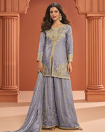 Gray Silk Plazo Suit With Kameez & Dupatta For Indian & Pakistani Wedding Festival - Dori With Thread & Sequence Embroidery Work