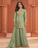 Pastel Green Silk Plazo Suit With Kameez & Dupatta For Indian & Pakistani Wedding Festival - Dori With Thread & Sequence Embroidery Work