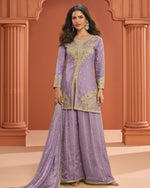 Light Purple Silk Plazo Suit With Kameez & Dupatta For Indian & Pakistani Wedding Festival - Dori With Thread & Sequence Embroidery Work