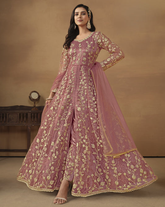 Pink Net Anarkali Suit With Bottom & Dupatta For Indian & Pakistani Wedding Festival - Dori Thread Sequence Work