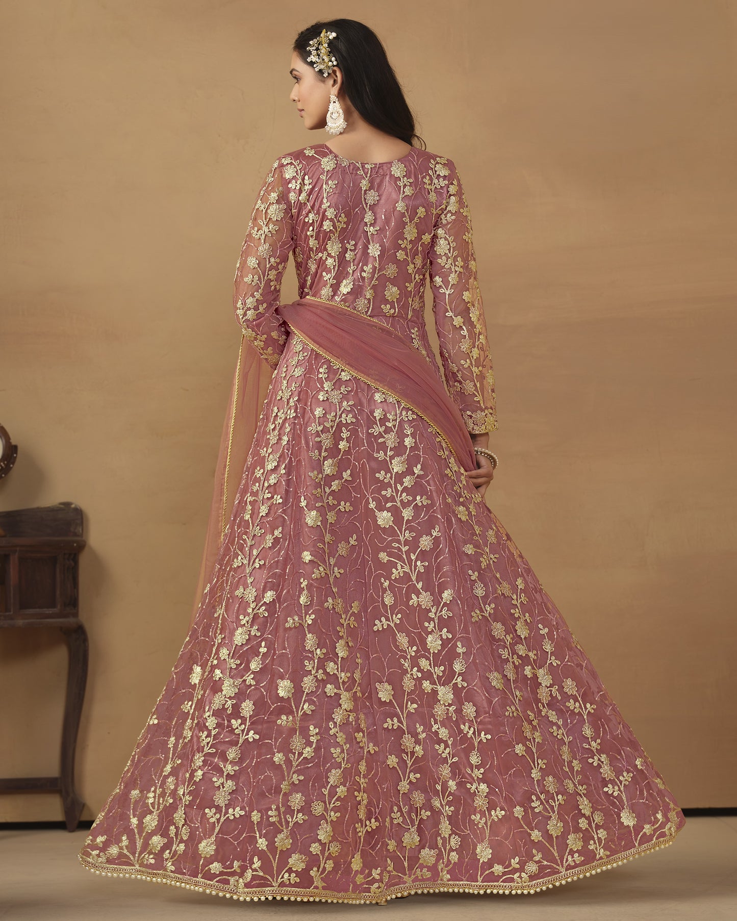 Pink Net Anarkali Suit With Bottom & Dupatta For Indian & Pakistani Wedding Festival - Dori Thread Sequence Work