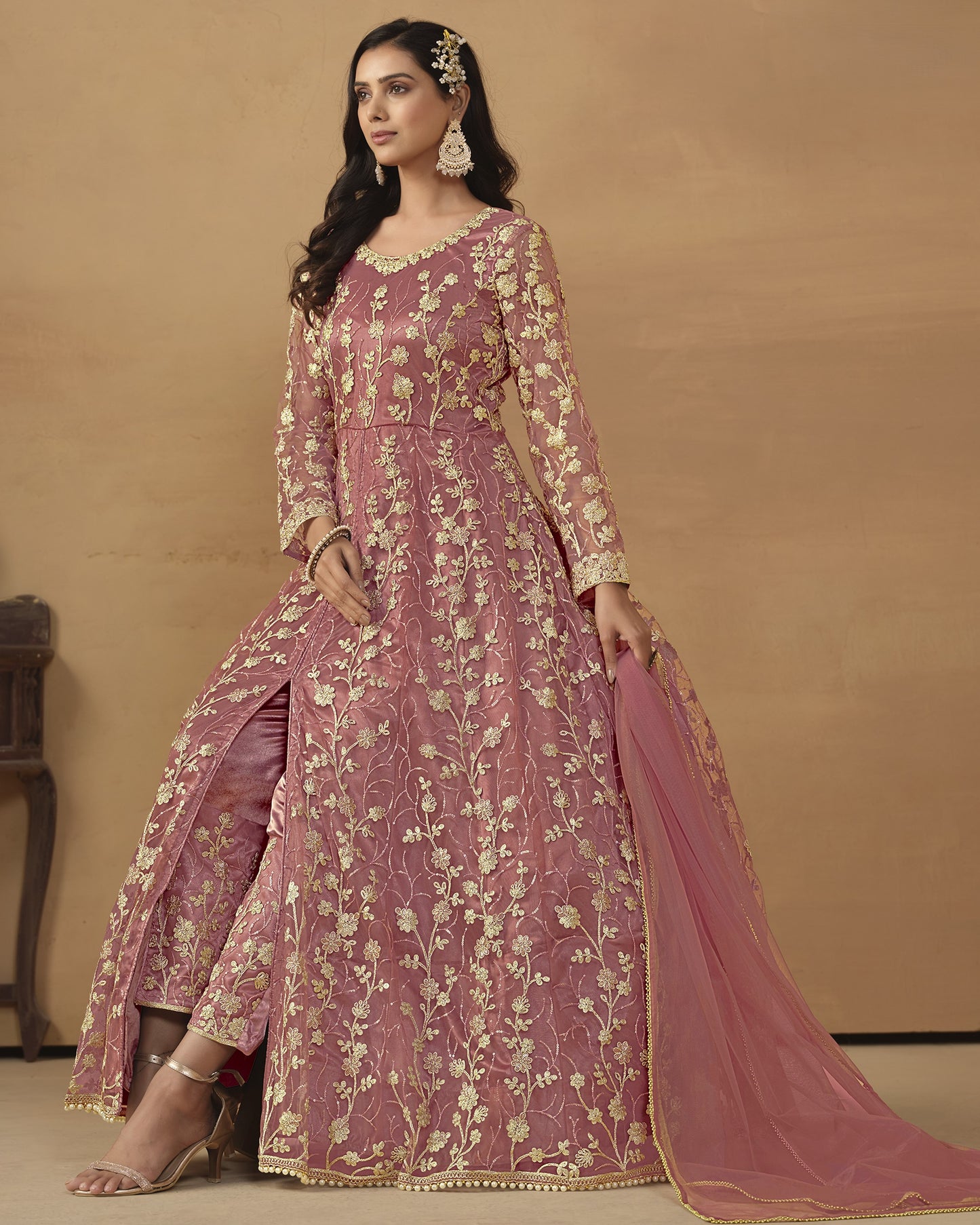Pink Net Anarkali Suit With Bottom & Dupatta For Indian & Pakistani Wedding Festival - Dori Thread Sequence Work