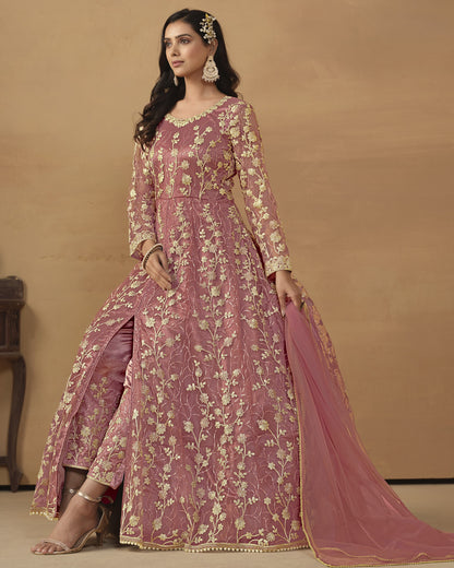 Pink Net Anarkali Suit With Bottom & Dupatta For Indian & Pakistani Wedding Festival - Dori Thread Sequence Work