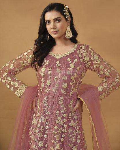 Pink Net Anarkali Suit With Bottom & Dupatta For Indian & Pakistani Wedding Festival - Dori Thread Sequence Work