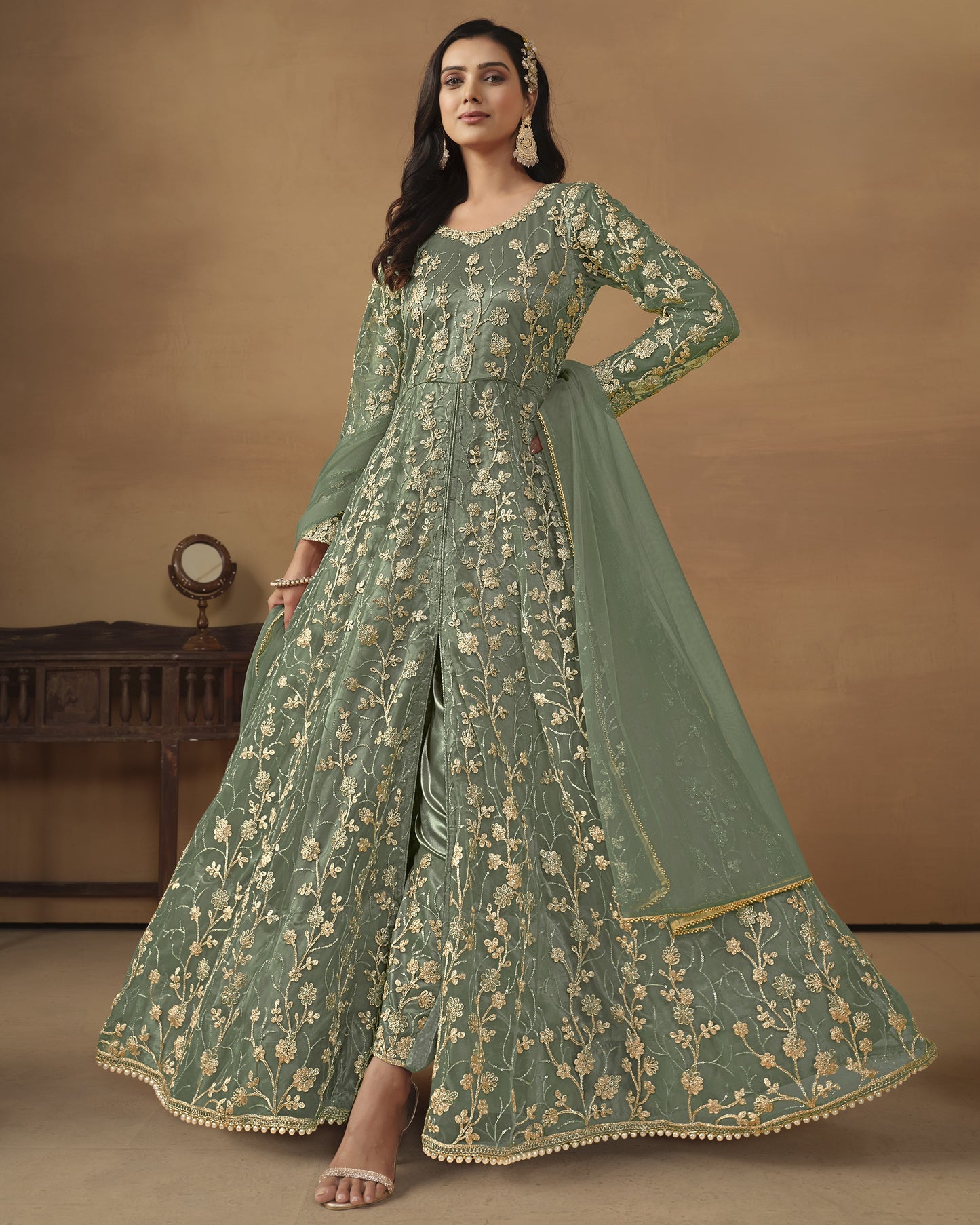 Green Net Anarkali Suit With Bottom & Dupatta For Indian & Pakistani Wedding Festival - Dori Thread Sequence Work