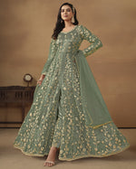 Green Net Anarkali Suit With Bottom & Dupatta For Indian & Pakistani Wedding Festival - Dori Thread Sequence Work