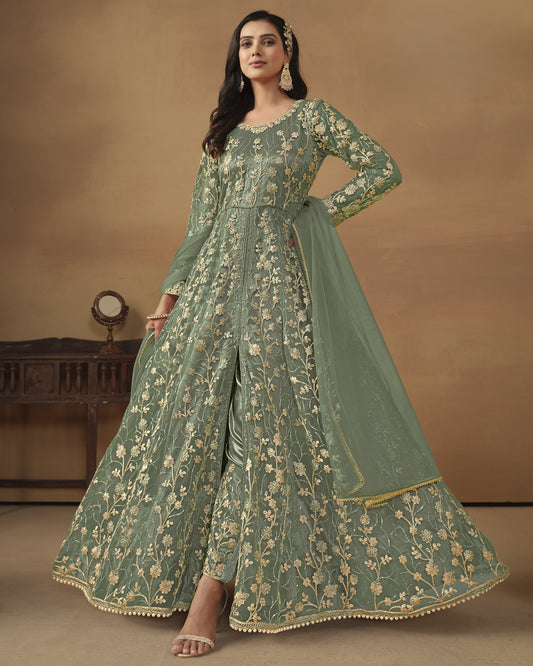 Green Net Anarkali Suit With Bottom & Dupatta For Indian & Pakistani Wedding Festival - Dori Thread Sequence Work