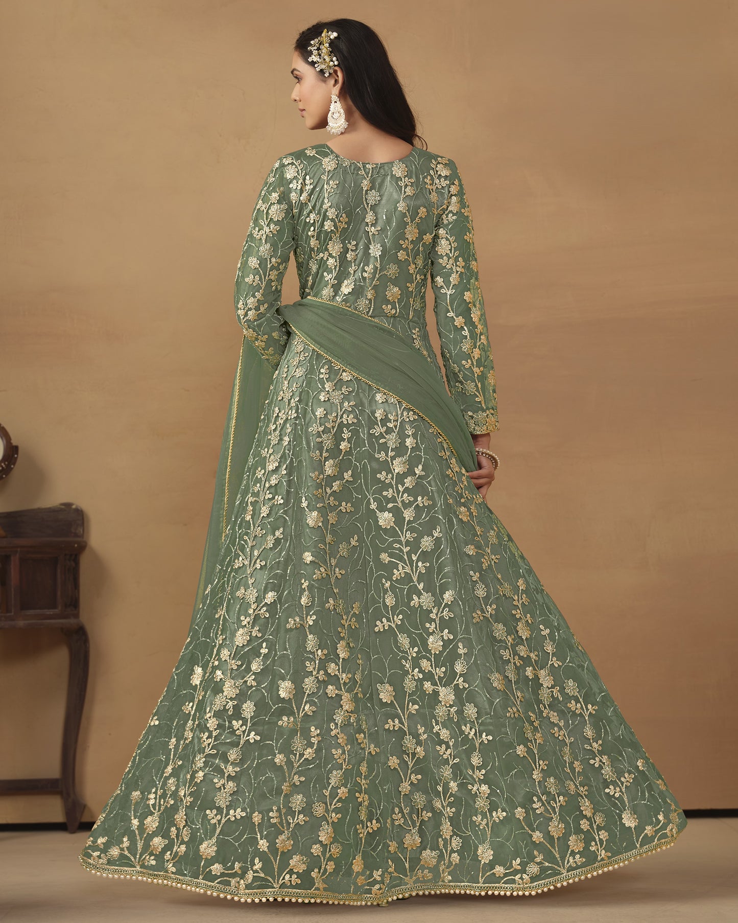 Green Net Anarkali Suit With Bottom & Dupatta For Indian & Pakistani Wedding Festival - Dori Thread Sequence Work