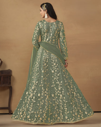 Green Net Anarkali Suit With Bottom & Dupatta For Indian & Pakistani Wedding Festival - Dori Thread Sequence Work