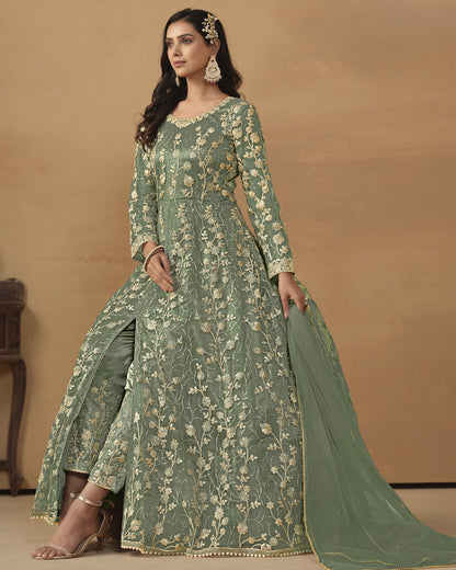 Green Net Anarkali Suit With Bottom & Dupatta For Indian & Pakistani Wedding Festival - Dori Thread Sequence Work
