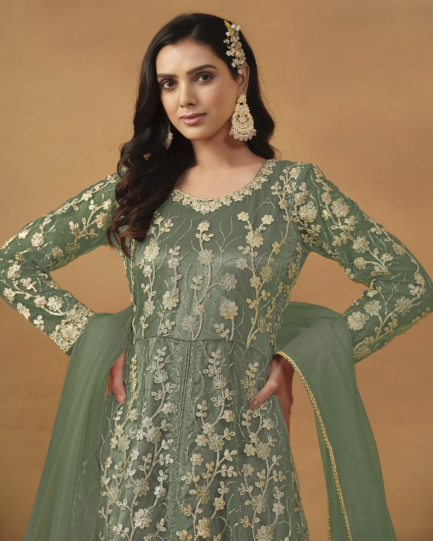Green Net Anarkali Suit With Bottom & Dupatta For Indian & Pakistani Wedding Festival - Dori Thread Sequence Work
