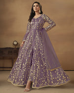 Purple Net Anarkali Suit With Bottom & Dupatta For Indian & Pakistani Wedding Festival - Dori Thread Sequence Work