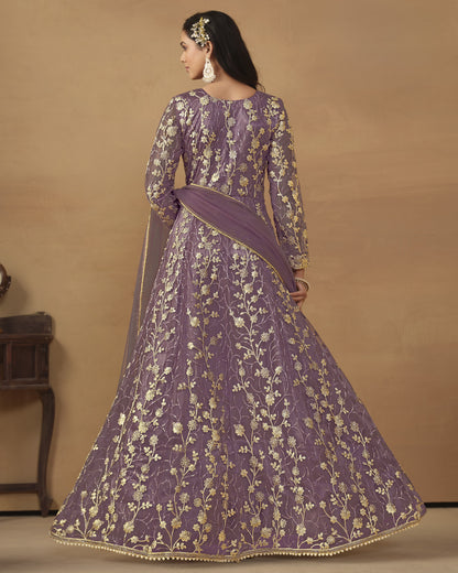 Purple Net Anarkali Suit With Bottom & Dupatta For Indian & Pakistani Wedding Festival - Dori Thread Sequence Work