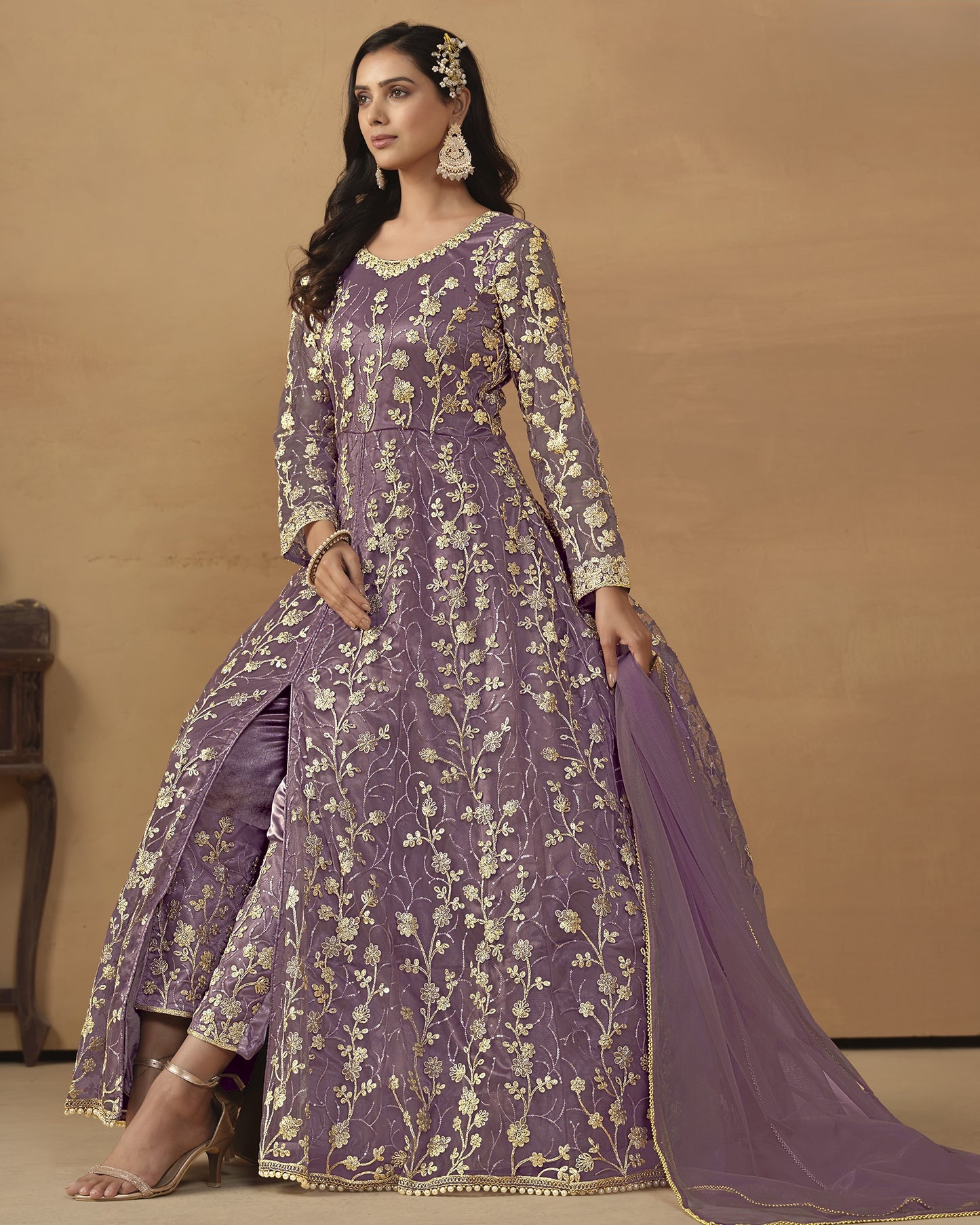 Purple Net Anarkali Suit With Bottom & Dupatta For Indian & Pakistani Wedding Festival - Dori Thread Sequence Work