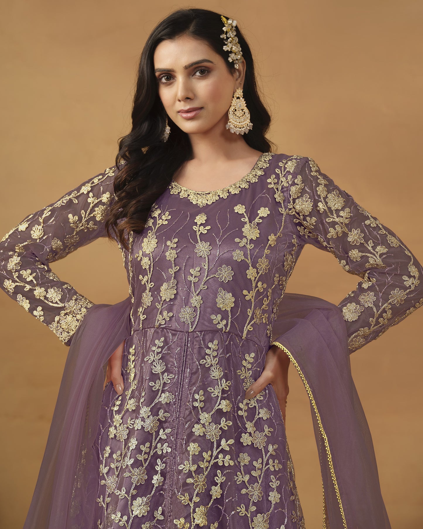Purple Net Anarkali Suit With Bottom & Dupatta For Indian & Pakistani Wedding Festival - Dori Thread Sequence Work