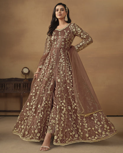Brown Net Anarkali Suit With Bottom & Dupatta For Indian & Pakistani Wedding Festival - Dori Thread Sequence Work
