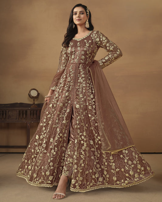 Brown Net Anarkali Suit With Bottom & Dupatta For Indian & Pakistani Wedding Festival - Dori Thread Sequence Work