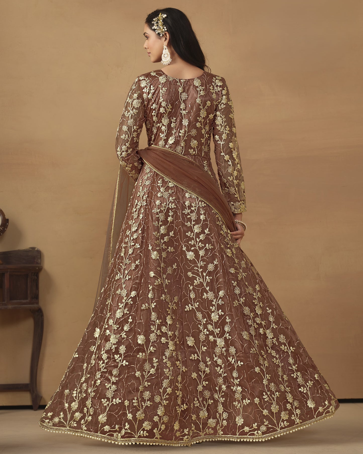 Brown Net Anarkali Suit With Bottom & Dupatta For Indian & Pakistani Wedding Festival - Dori Thread Sequence Work