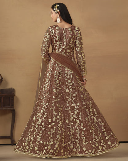 Brown Net Anarkali Suit With Bottom & Dupatta For Indian & Pakistani Wedding Festival - Dori Thread Sequence Work