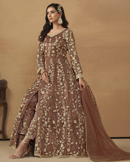 Brown Net Anarkali Suit With Bottom & Dupatta For Indian & Pakistani Wedding Festival - Dori Thread Sequence Work