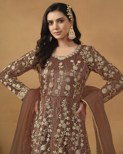 Brown Net Anarkali Suit With Bottom & Dupatta For Indian & Pakistani Wedding Festival - Dori Thread Sequence Work