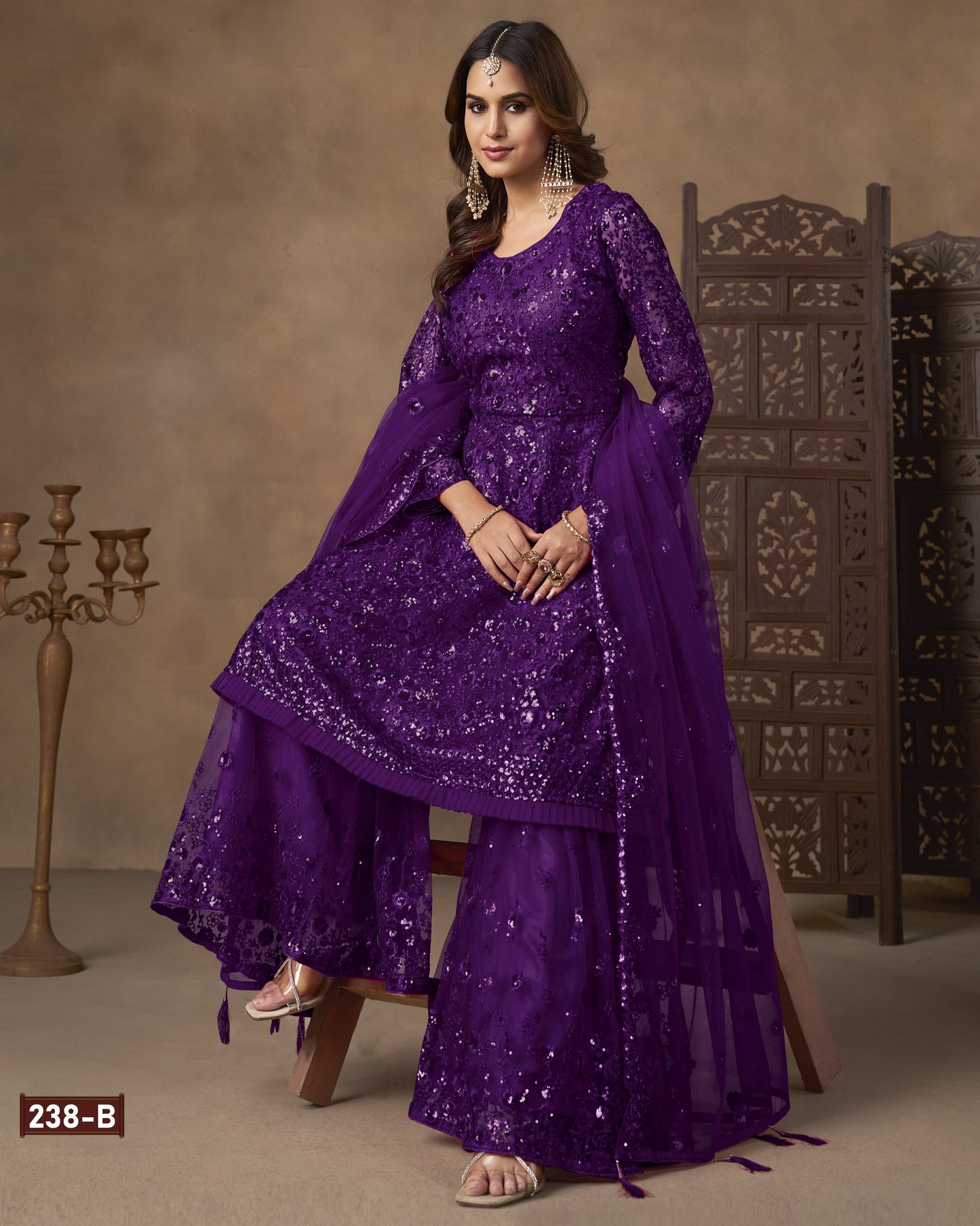 Purple Net Sharara Suit With Kameez & Dupatta For Indian & Pakistani Wedding Festival - Dori With Thread & Sequence Work