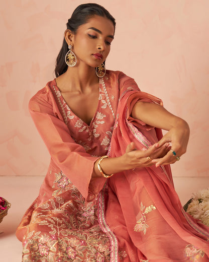 Peach Silk Salwar Suit With Kameez & Dupatta For Indian & Pakistani Wedding Festival - Stone With Thread & Sequence Embroidery Work