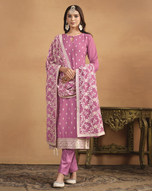 Pink Georgette Salwar Suit With Kameez & Dupatta For Indian & Pakistani Wedding Festival Season - Thread Sequence Work