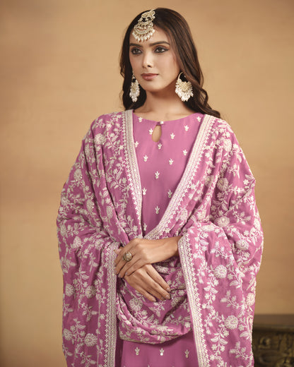 Pink Georgette Salwar Suit With Kameez & Dupatta For Indian & Pakistani Wedding Festival Season - Thread Sequence Work