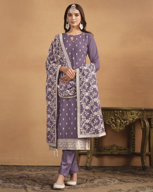 Purple Georgette Salwar Suit With Kameez & Dupatta For Indian & Pakistani Wedding Festival Season - Thread Sequence Work