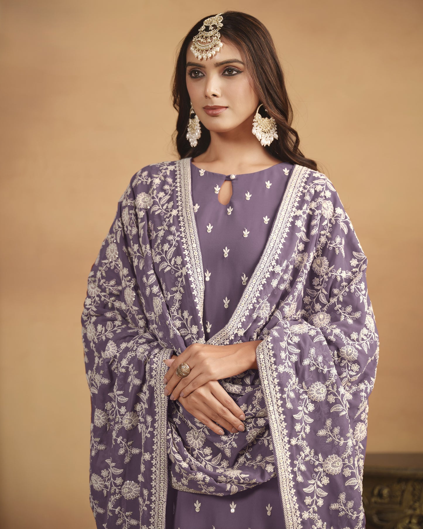 Purple Georgette Salwar Suit With Kameez & Dupatta For Indian & Pakistani Wedding Festival Season - Thread Sequence Work