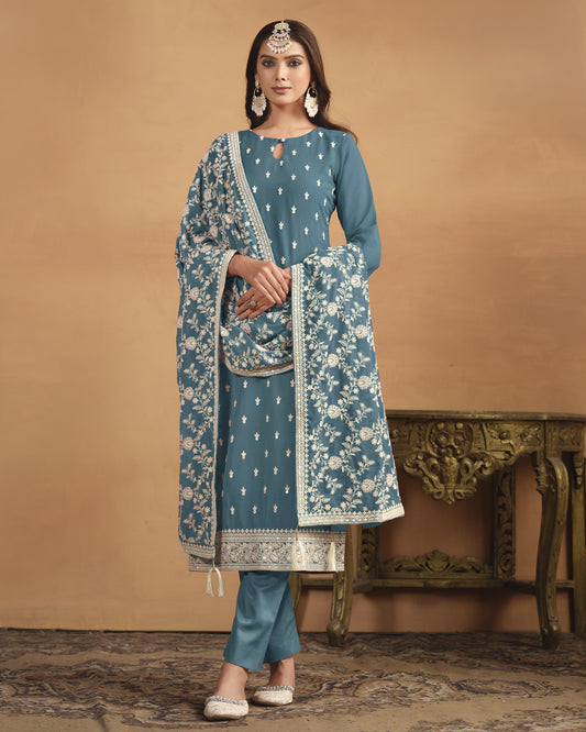 Teal Georgette Salwar Suit With Kameez & Dupatta For Indian & Pakistani Wedding Festival Season - Thread Sequence Work