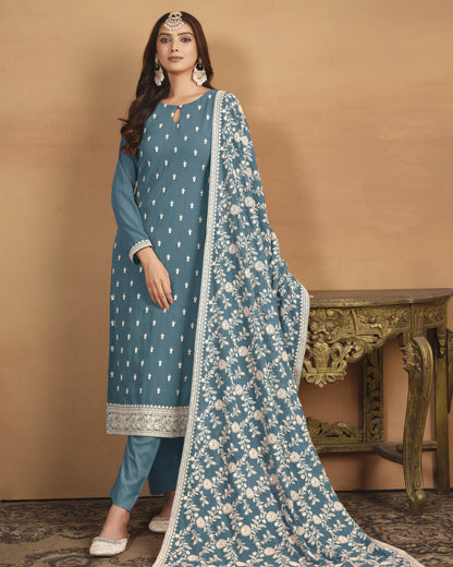 Teal Georgette Salwar Suit With Kameez & Dupatta For Indian & Pakistani Wedding Festival Season - Thread Sequence Work