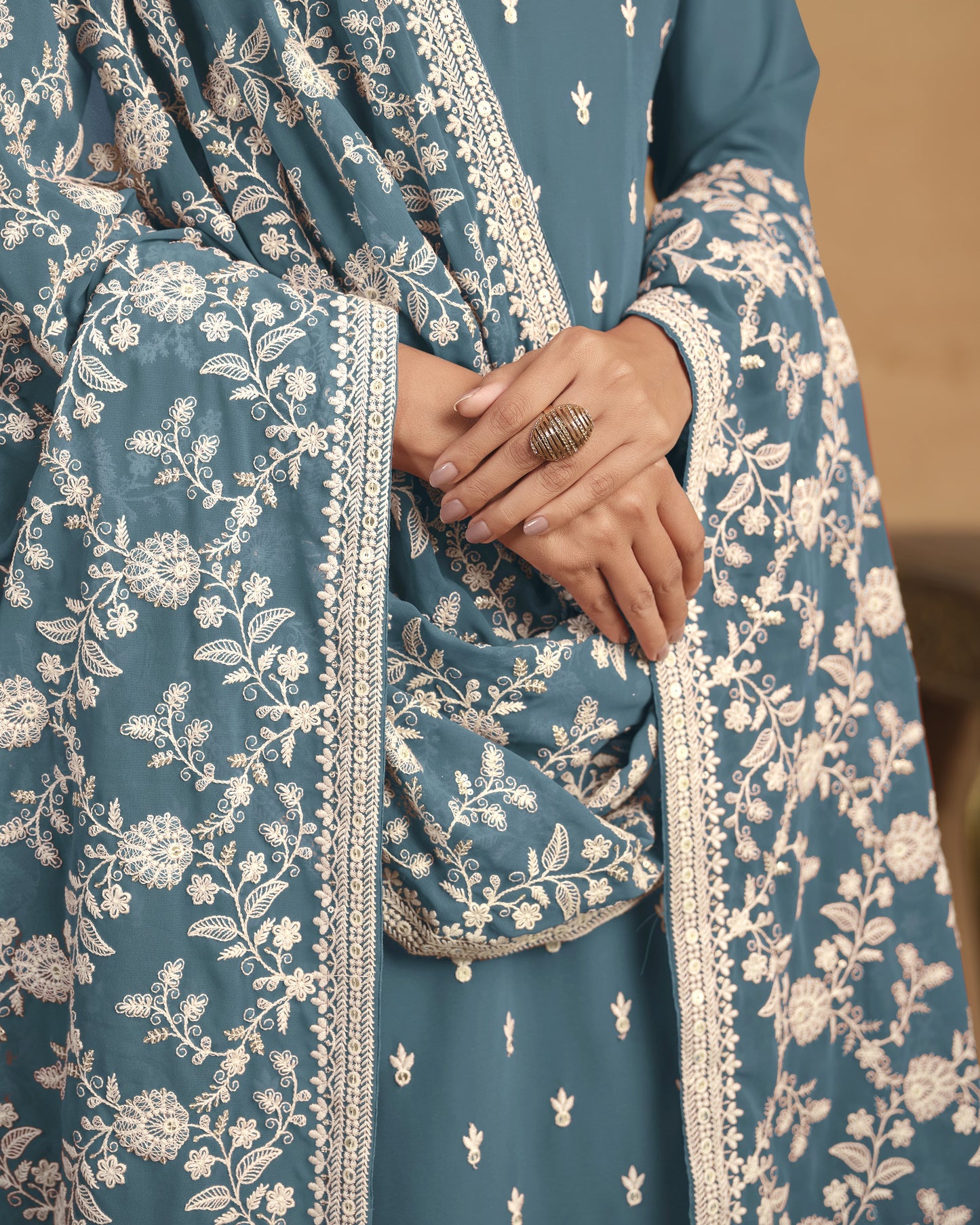 Teal Georgette Salwar Suit With Kameez & Dupatta For Indian & Pakistani Wedding Festival Season - Thread Sequence Work