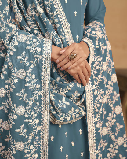 Teal Georgette Salwar Suit With Kameez & Dupatta For Indian & Pakistani Wedding Festival Season - Thread Sequence Work