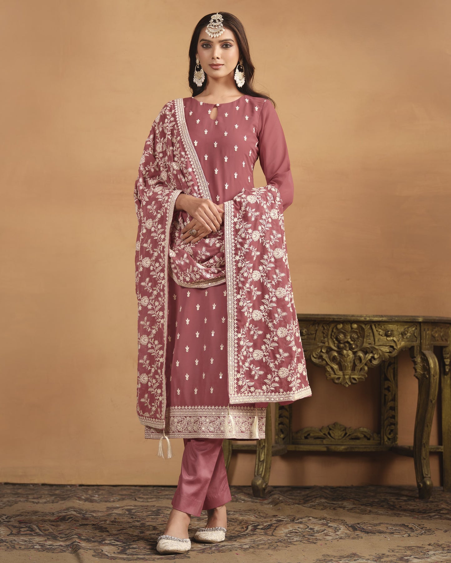 Dusty Rose Georgette Salwar Suit With Kameez & Dupatta For Indian & Pakistani Wedding Festival Season - Thread Sequence Work