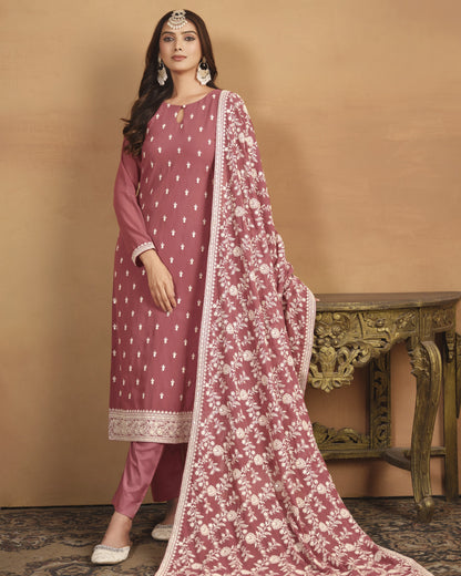 Dusty Rose Georgette Salwar Suit With Kameez & Dupatta For Indian & Pakistani Wedding Festival Season - Thread Sequence Work