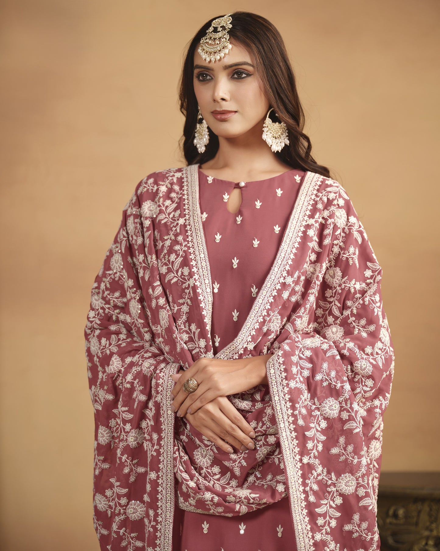 Dusty Rose Georgette Salwar Suit With Kameez & Dupatta For Indian & Pakistani Wedding Festival Season - Thread Sequence Work