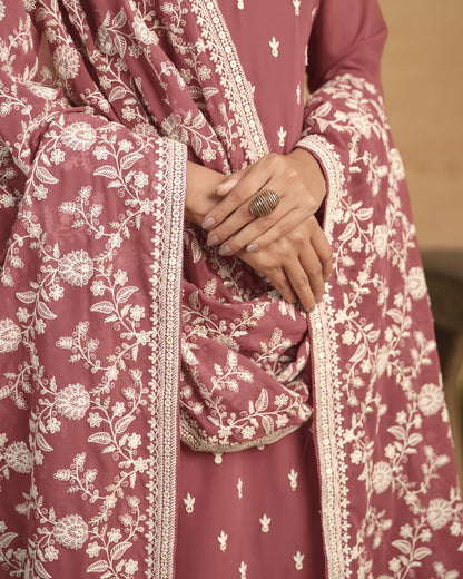 Dusty Rose Georgette Salwar Suit With Kameez & Dupatta For Indian & Pakistani Wedding Festival Season - Thread Sequence Work