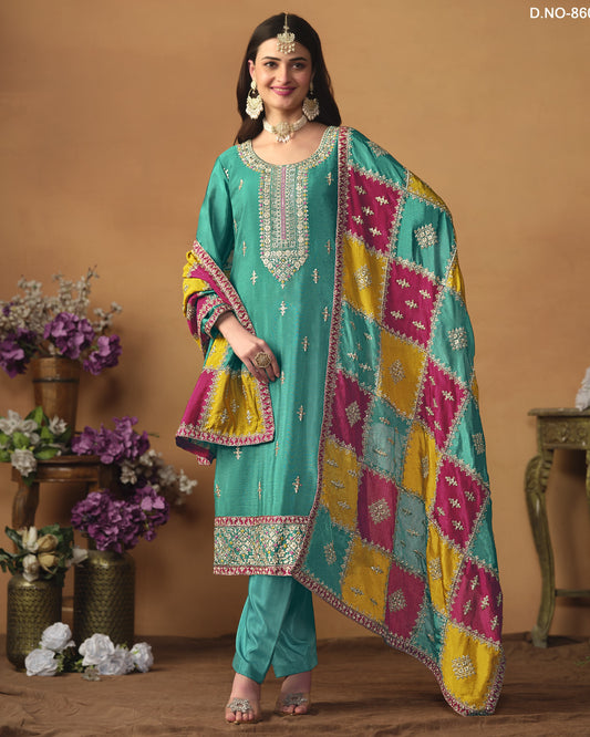 Teal Chinon Silk Salwar Suit With Kameez & Dupatta For Indian & Pakistani Wedding Festival - Thread Sequence Work