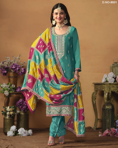 Teal Chinon Silk Salwar Suit With Kameez & Dupatta For Indian & Pakistani Wedding Festival - Thread Sequence Work