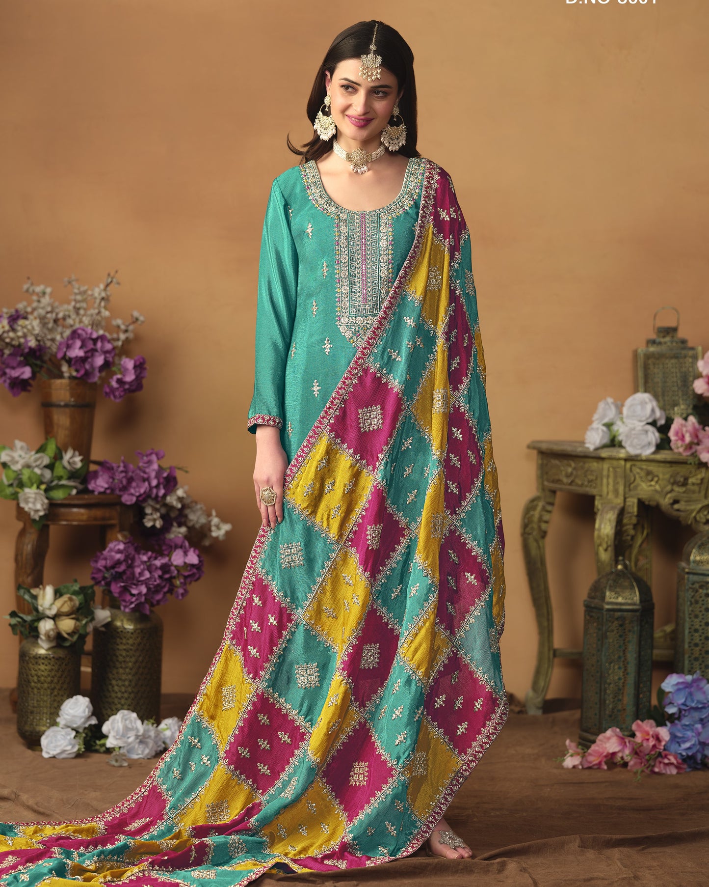 Teal Chinon Silk Salwar Suit With Kameez & Dupatta For Indian & Pakistani Wedding Festival - Thread Sequence Work