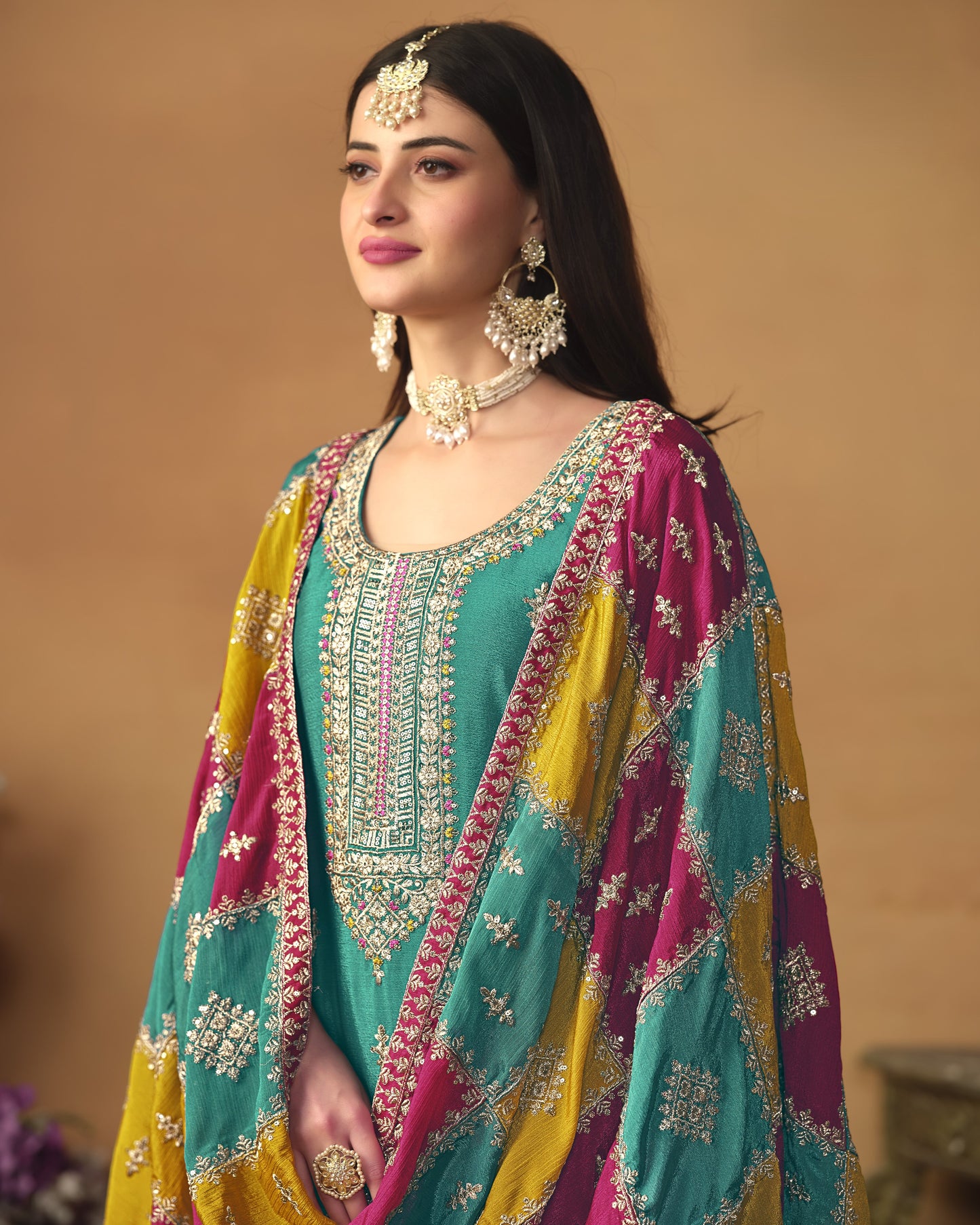 Teal Chinon Silk Salwar Suit With Kameez & Dupatta For Indian & Pakistani Wedding Festival - Thread Sequence Work