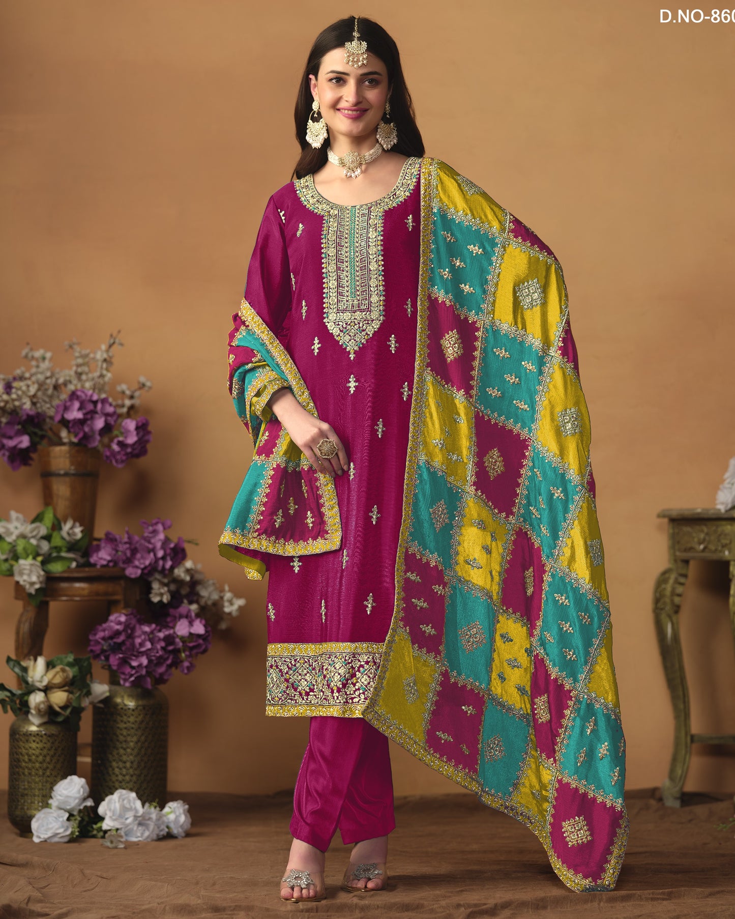 Magenta Chinon Silk Salwar Suit With Kameez & Dupatta For Indian & Pakistani Wedding Festival - Thread Sequence Work