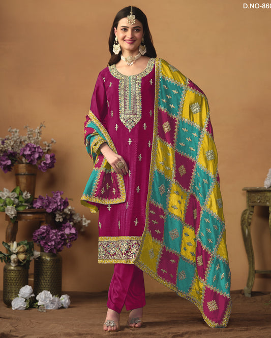 Magenta Chinon Silk Salwar Suit With Kameez & Dupatta For Indian & Pakistani Wedding Festival - Thread Sequence Work